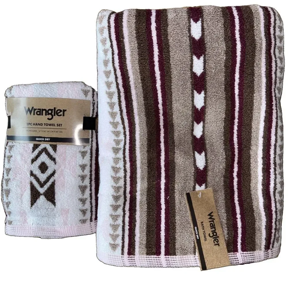 Wrangler Westmount Brown Pink Aztec Western Cowboy 2 Bath & 2 Hand Towel New